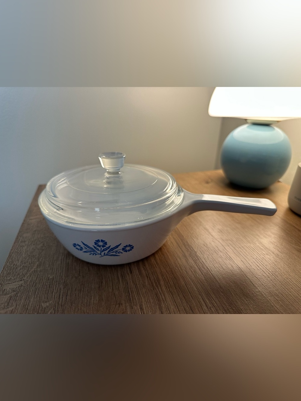 White CorningWare-Style Saucepan with Blue Floral Pattern and Glass Lid